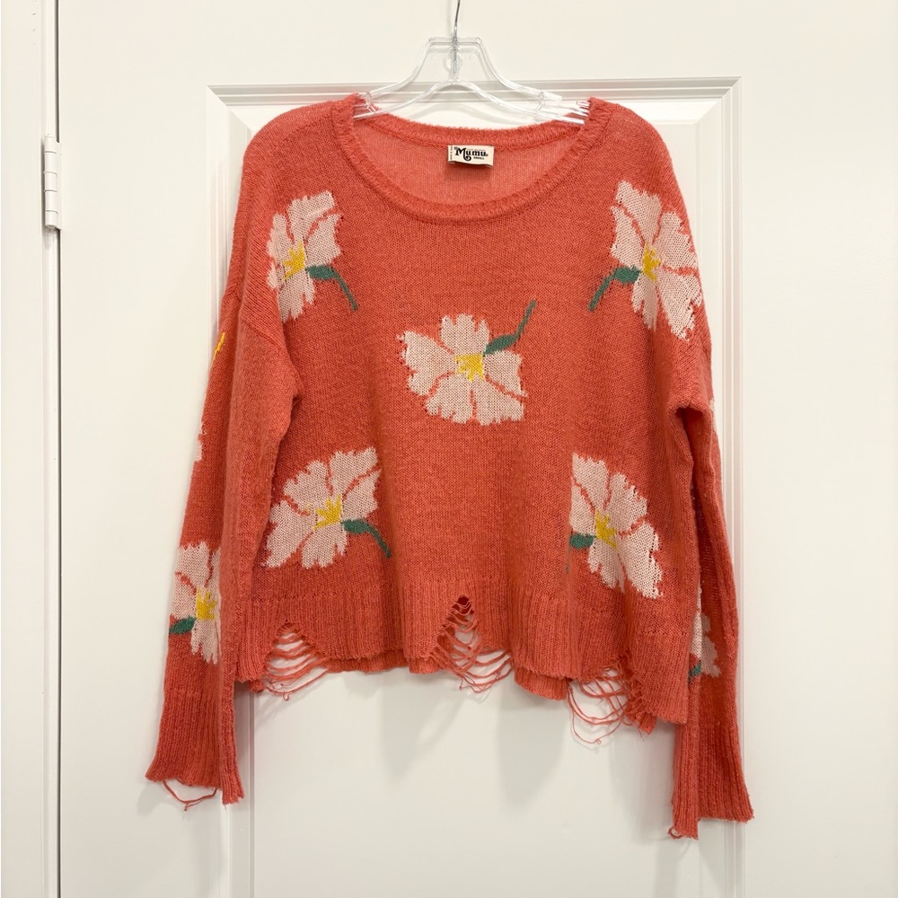 Show Me Your MuMu Suco Floral Distressed Sweater Small Boho Crop Knit Crewneck
